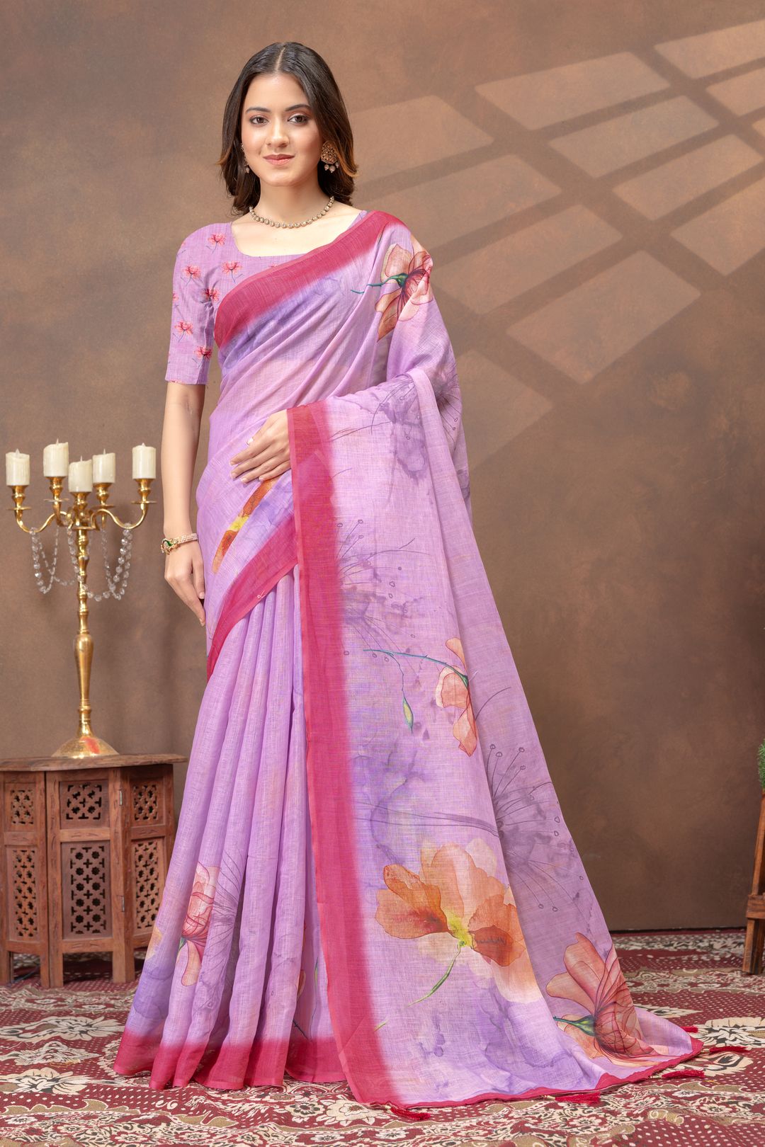 Purple Floral Print Satin Saree With Contrast Border Blouse