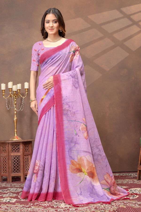 Purple Floral Print Satin Saree With Contrast Border Blouse