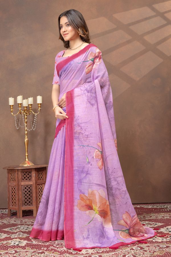 Purple Floral Print Satin Saree With Contrast Border Blouse