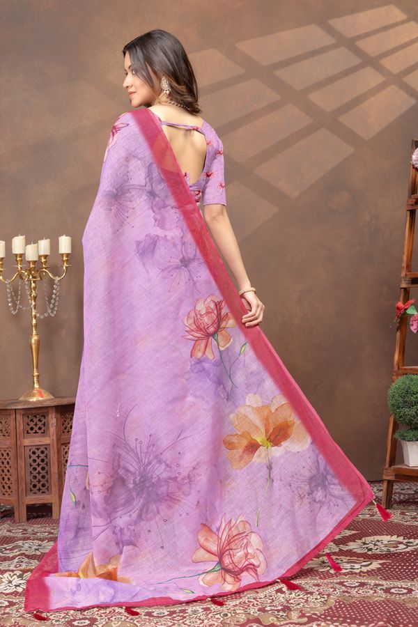 Purple Floral Print Satin Saree With Contrast Border Blouse