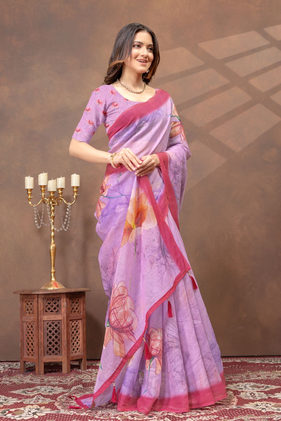 Purple Floral Print Satin Saree With Contrast Border Blouse