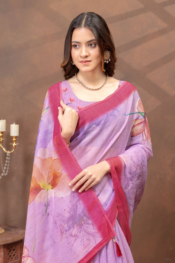 Purple Floral Print Satin Saree With Contrast Border Blouse