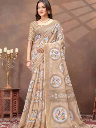 Beige Linen Cotton Saree with Designer Pallu by Varnavi
