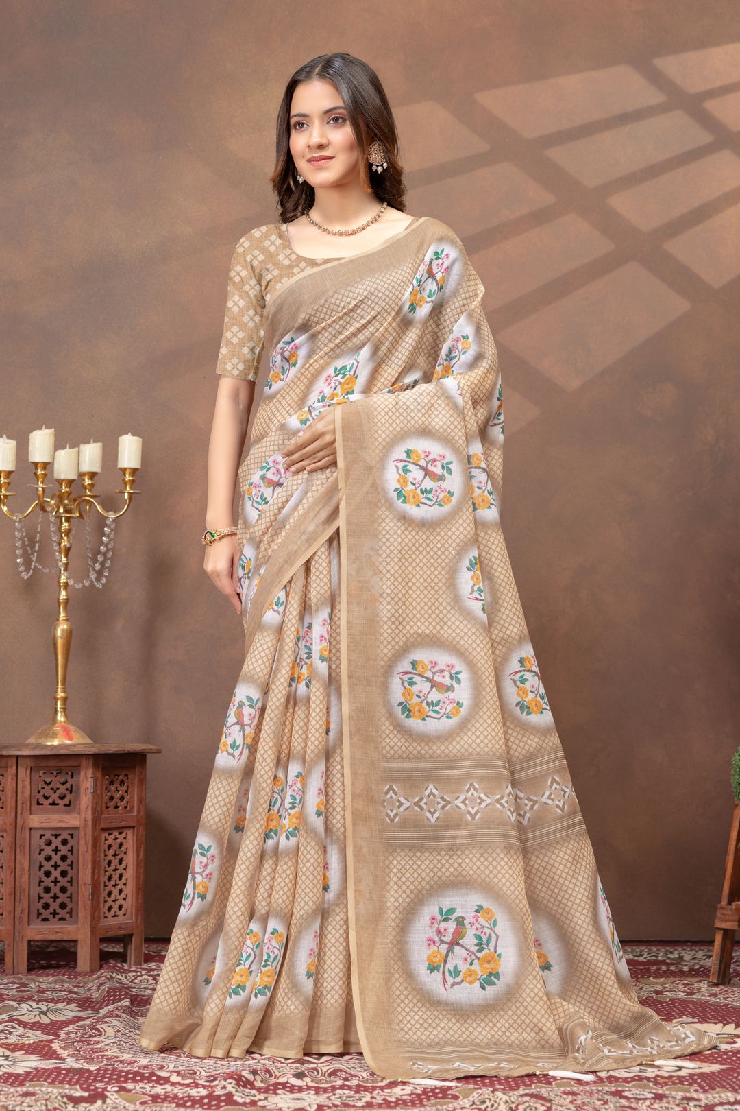 Beige Linen Cotton Saree with Designer Pallu by Varnavi