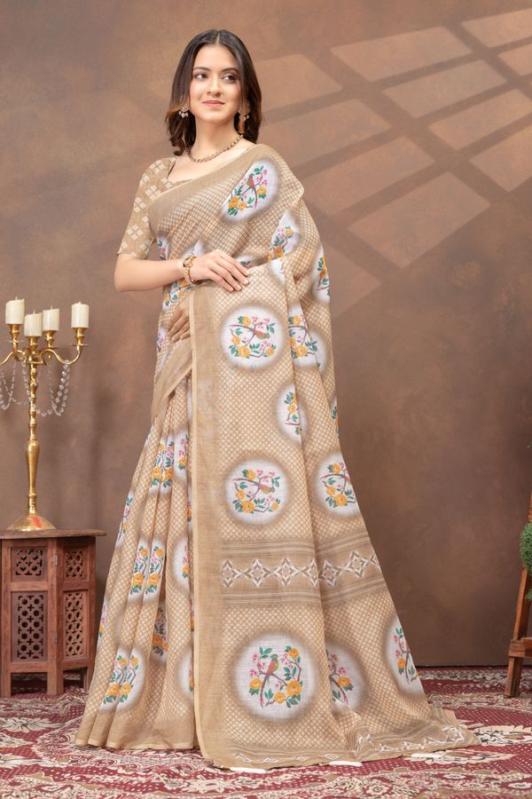 Beige Linen Cotton Saree with Designer Pallu by Varnavi