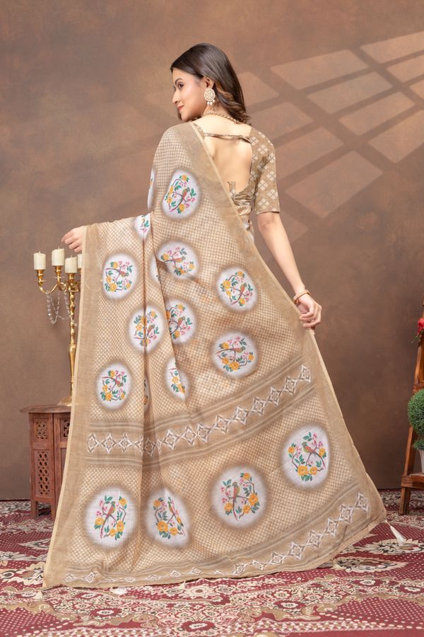 Beige Linen Cotton Saree with Designer Pallu by Varnavi
