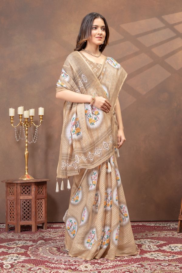 Beige Linen Cotton Saree with Designer Pallu by Varnavi
