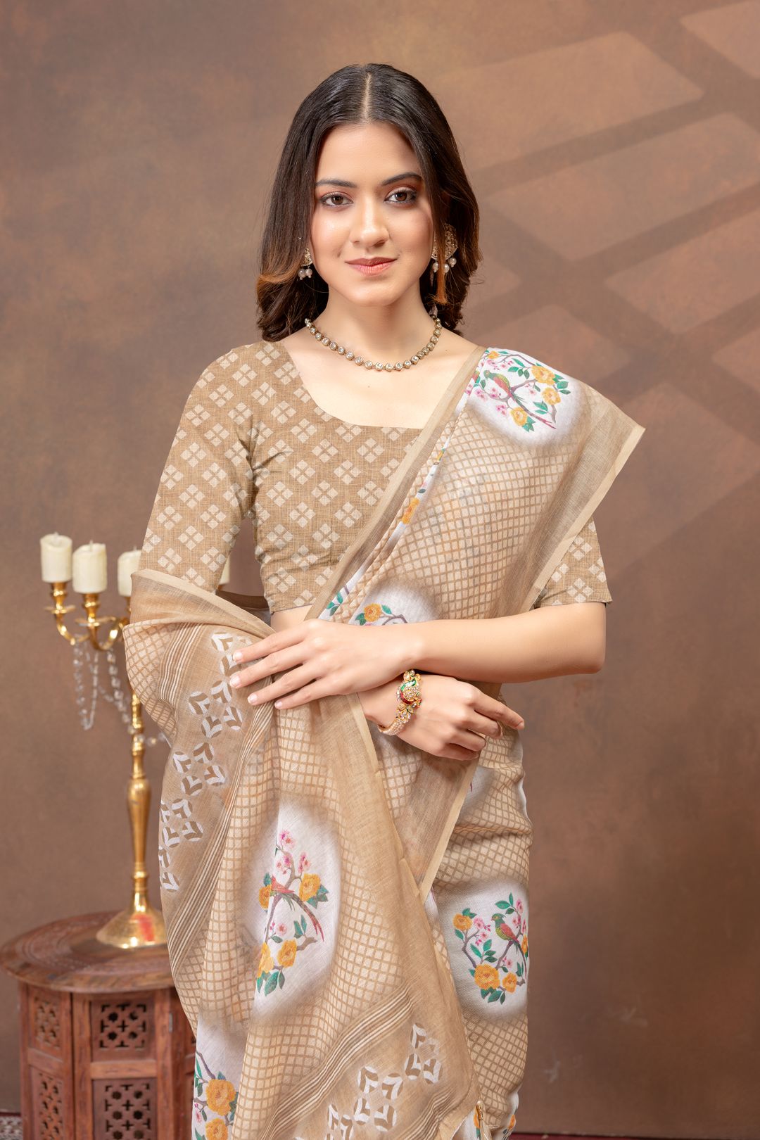 Beige Linen Cotton Saree with Designer Pallu by Varnavi