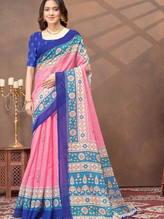Rose Pink Floral Linen Cotton Saree with Blue Border