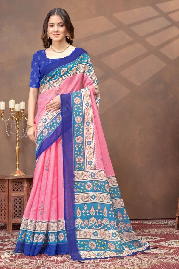 Rose Pink Floral Linen Cotton Saree with Blue Border