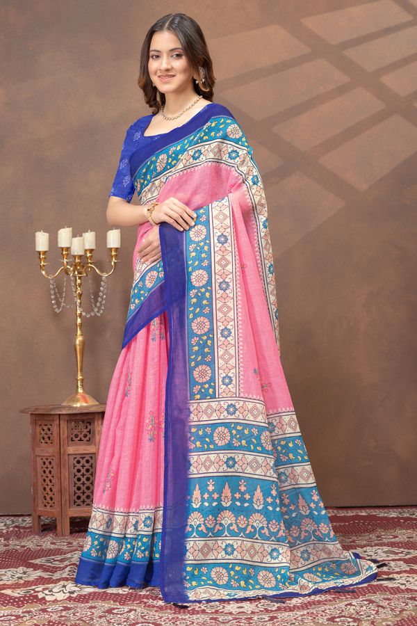 Rose Pink Floral Linen Cotton Saree with Blue Border