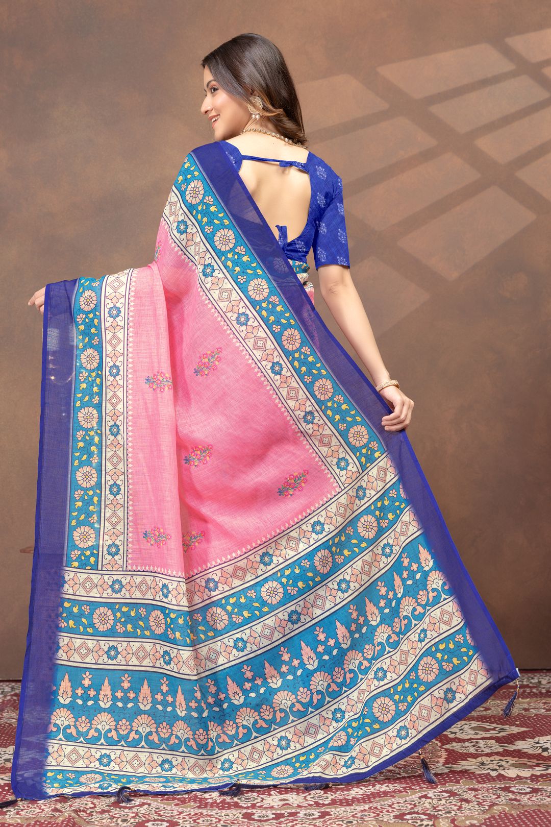 Rose Pink Floral Linen Cotton Saree with Blue Border