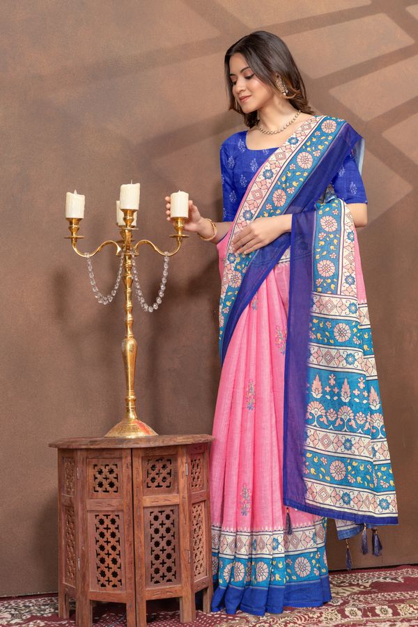 Rose Pink Floral Linen Cotton Saree with Blue Border