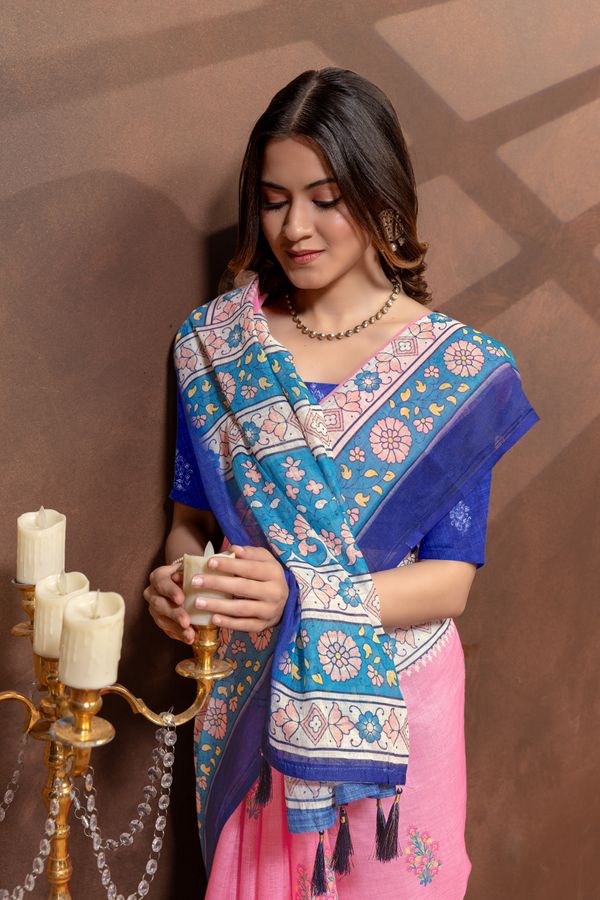 Rose Pink Floral Linen Cotton Saree with Blue Border