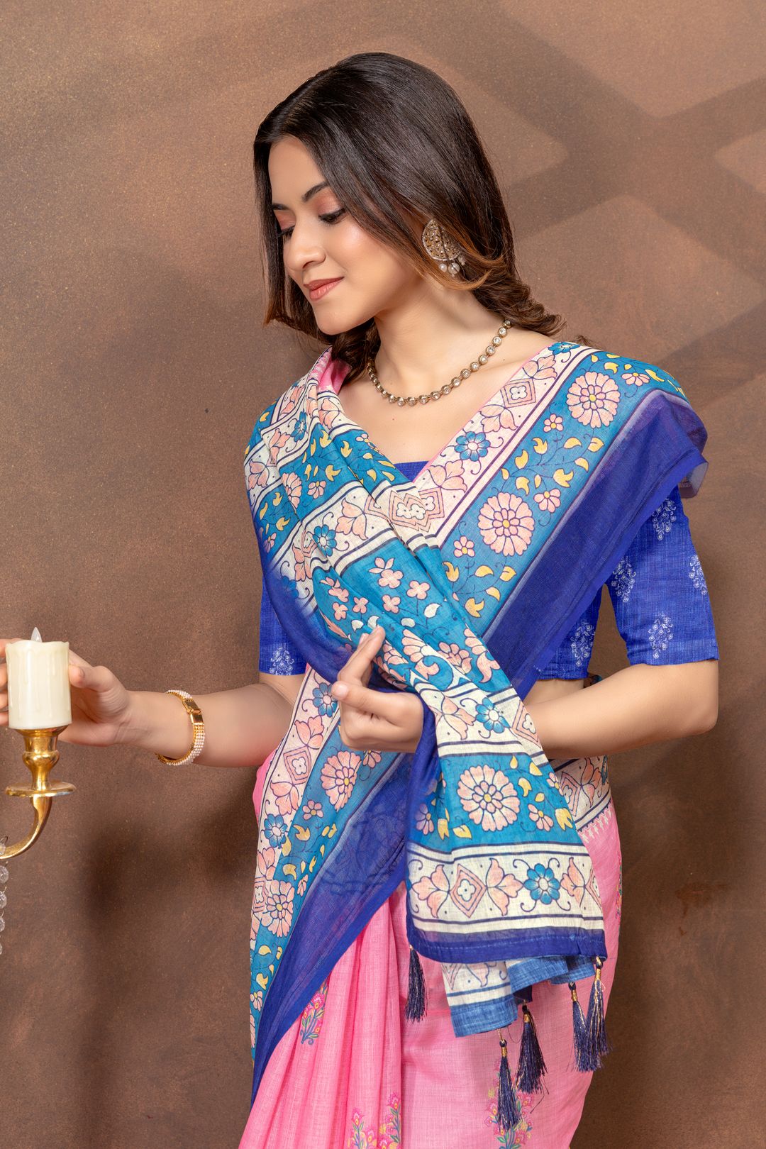 Rose Pink Floral Linen Cotton Saree with Blue Border