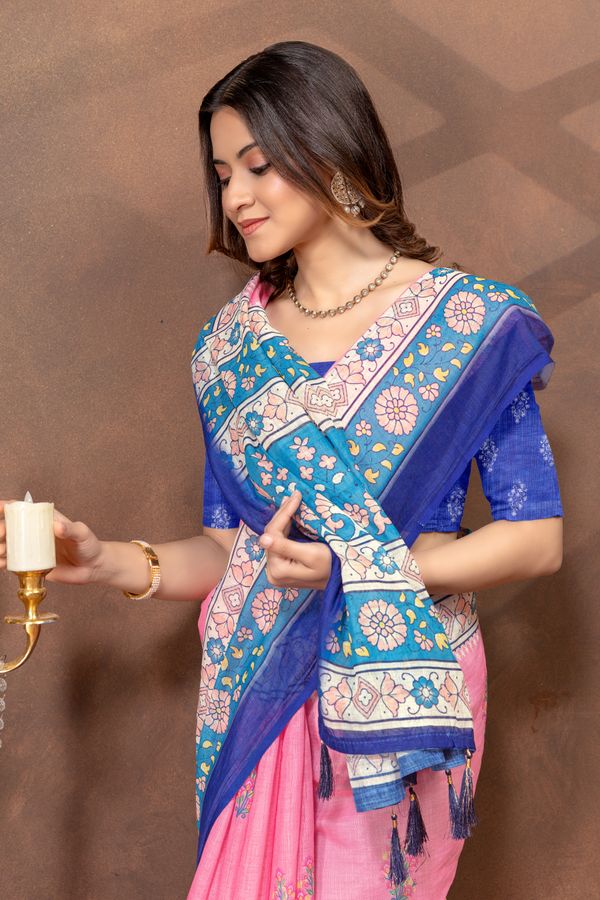 Rose Pink Floral Linen Cotton Saree with Blue Border