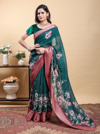 Deep Teal Floral Linen Cotton Saree with Pink Border