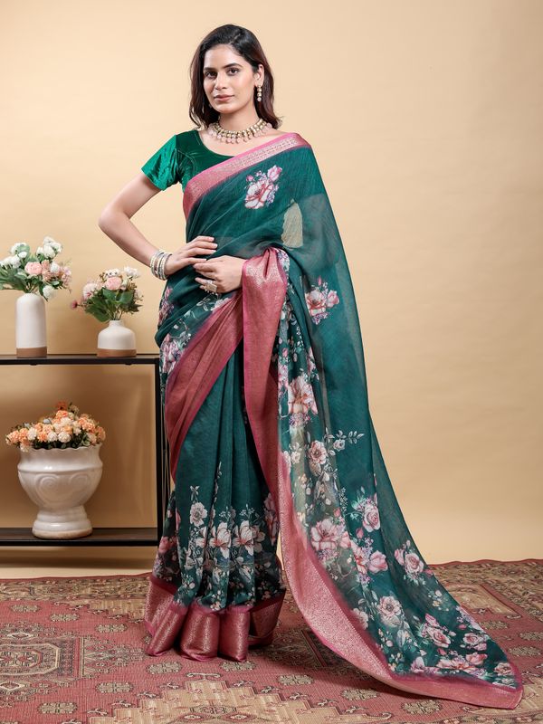 Deep Teal Floral Linen Cotton Saree with Pink Border
