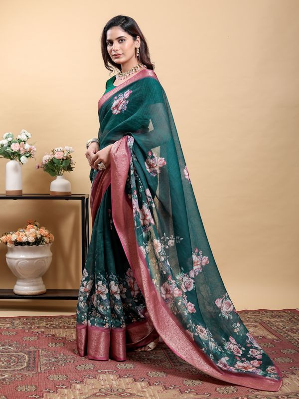 Deep Teal Floral Linen Cotton Saree with Pink Border