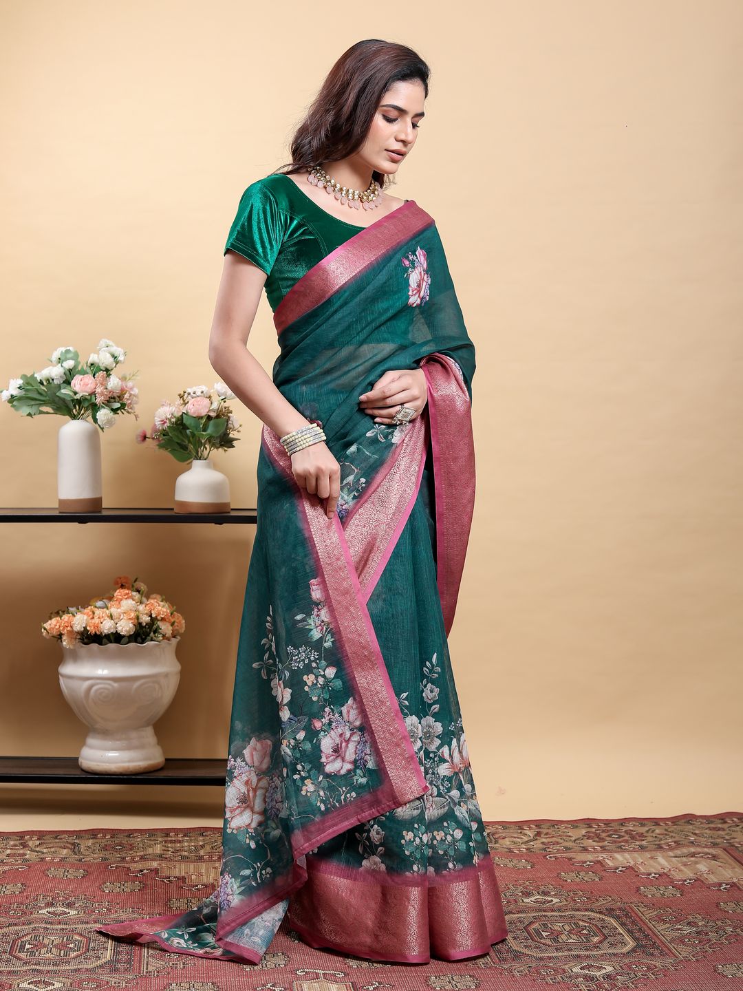 Deep Teal Floral Linen Cotton Saree with Pink Border