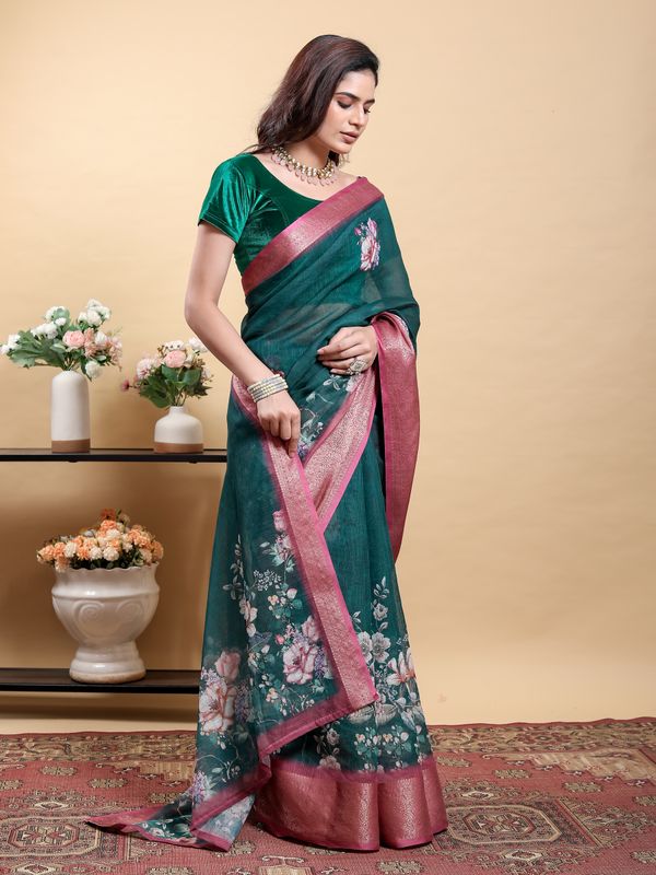 Deep Teal Floral Linen Cotton Saree with Pink Border