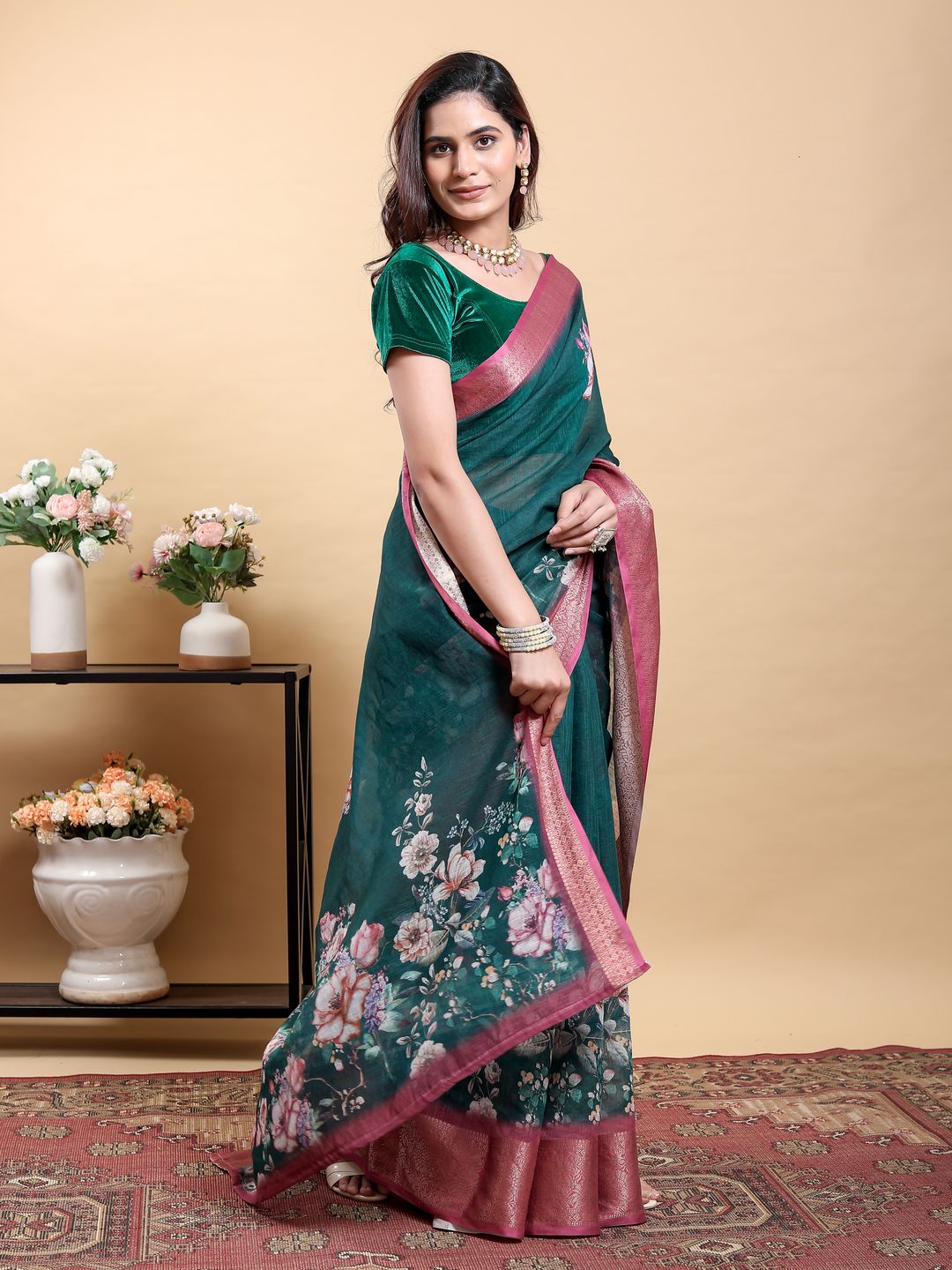 Deep Teal Floral Linen Cotton Saree with Pink Border