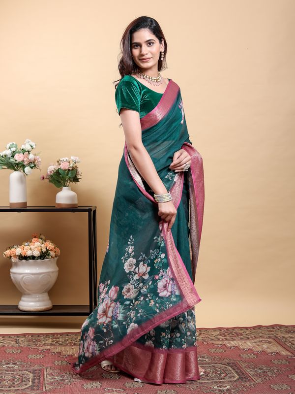 Deep Teal Floral Linen Cotton Saree with Pink Border
