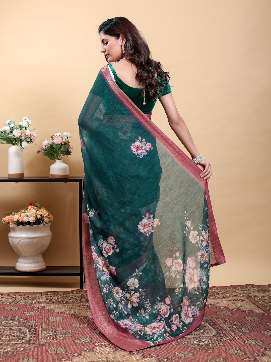 Deep Teal Floral Linen Cotton Saree with Pink Border