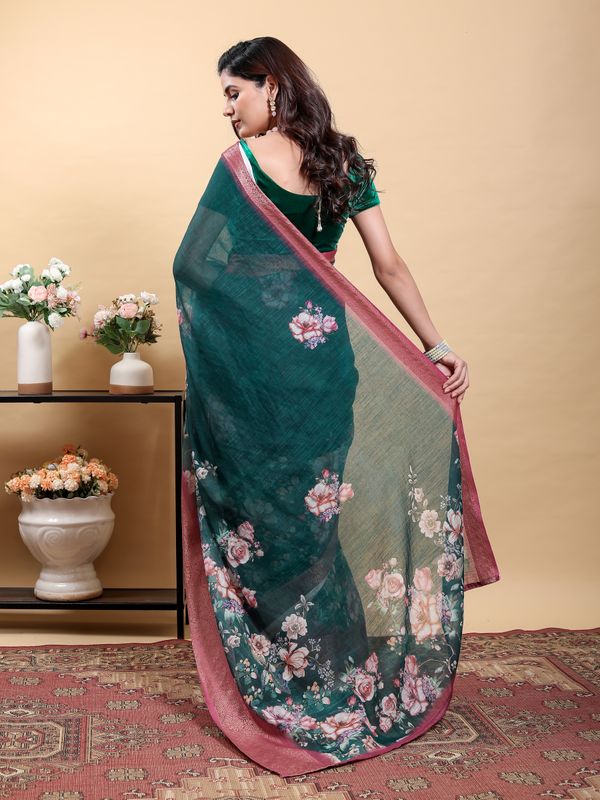 Deep Teal Floral Linen Cotton Saree with Pink Border