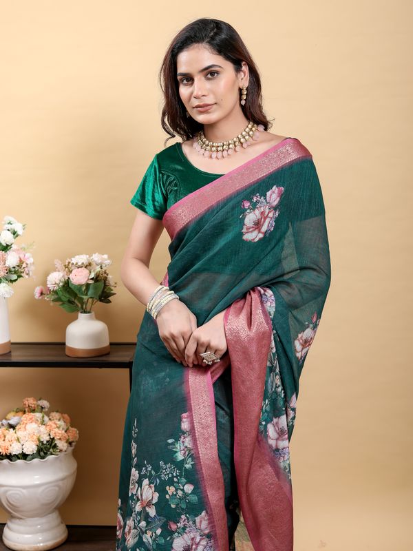 Deep Teal Floral Linen Cotton Saree with Pink Border