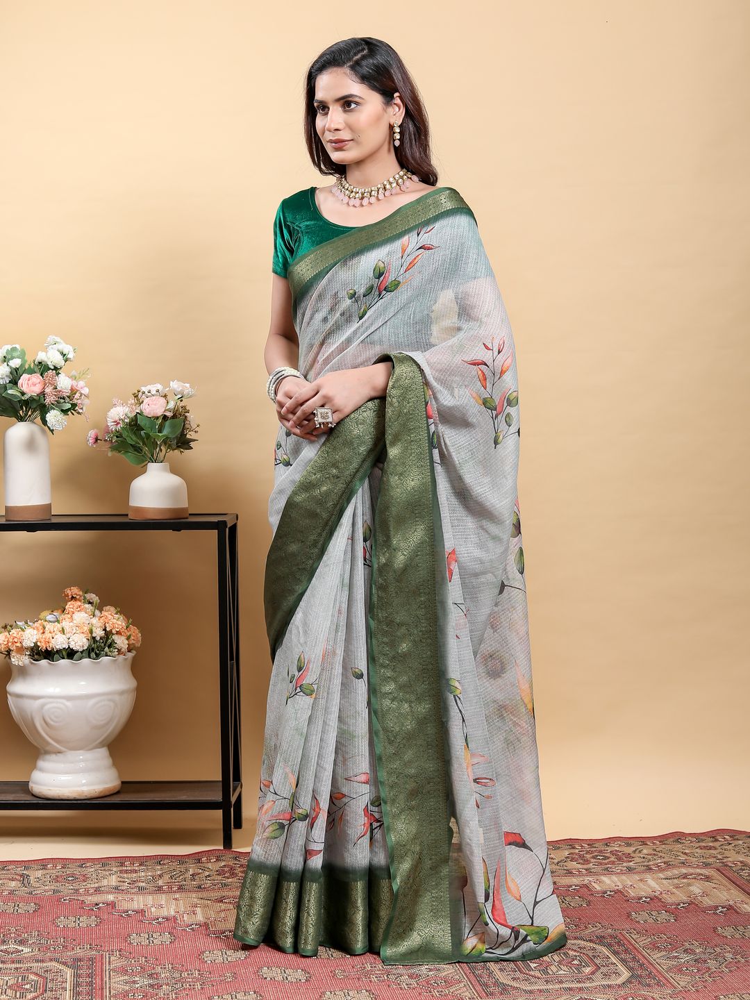 Silver Grey Botanical Linen Cotton Saree with Olive Border