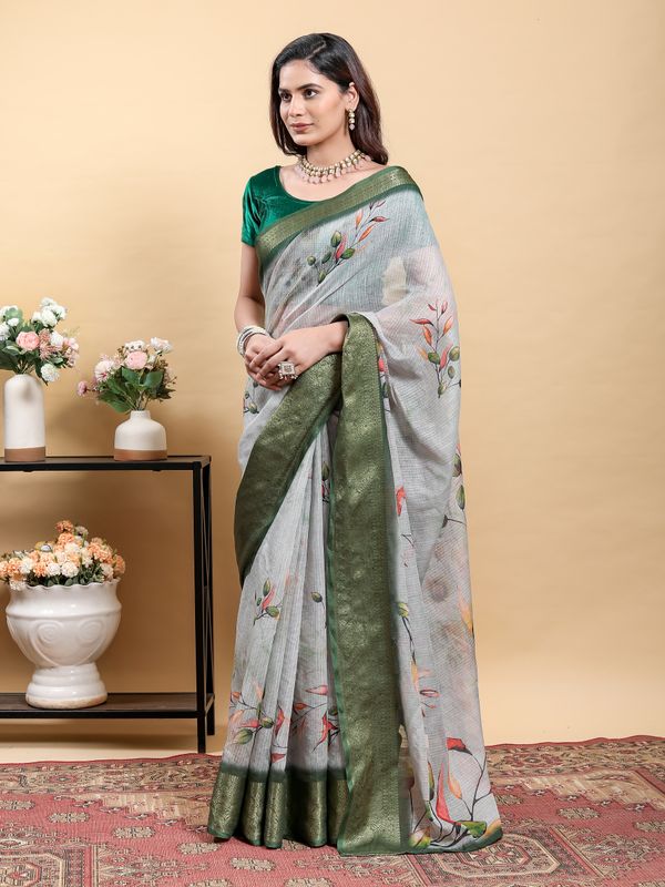 Silver Grey Botanical Linen Cotton Saree with Olive Border