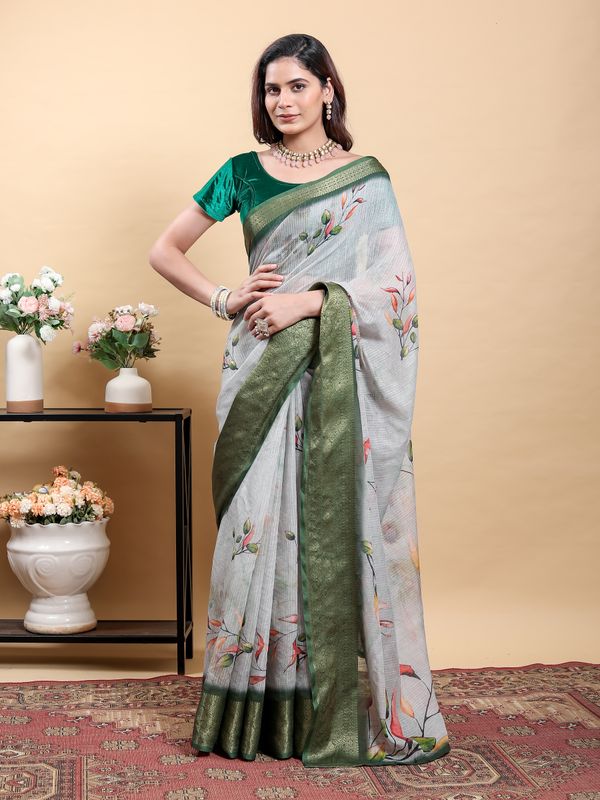 Silver Grey Botanical Linen Cotton Saree with Olive Border