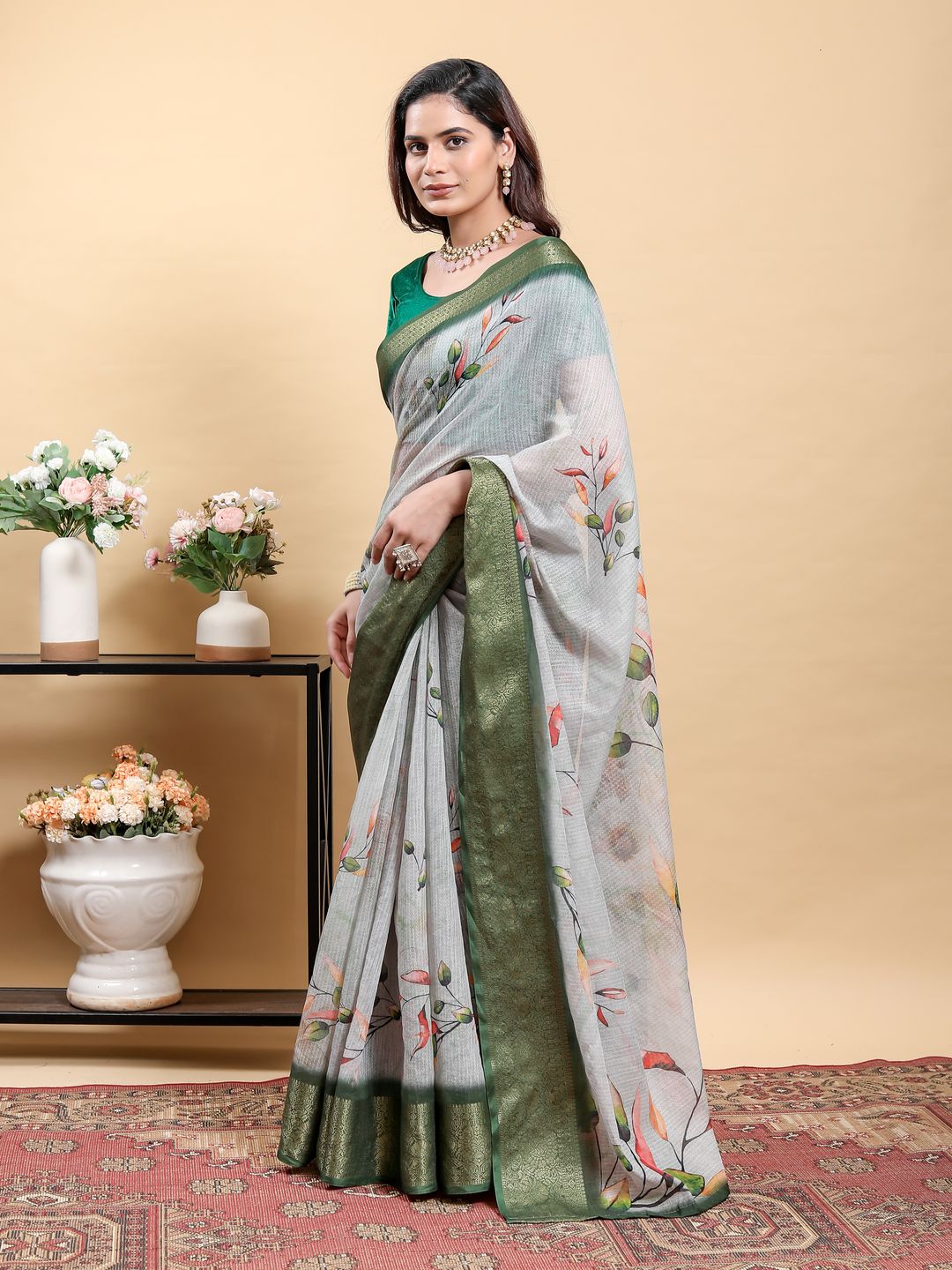 Silver Grey Botanical Linen Cotton Saree with Olive Border