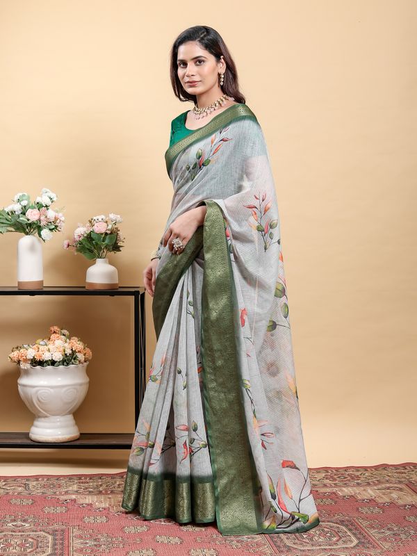 Silver Grey Botanical Linen Cotton Saree with Olive Border