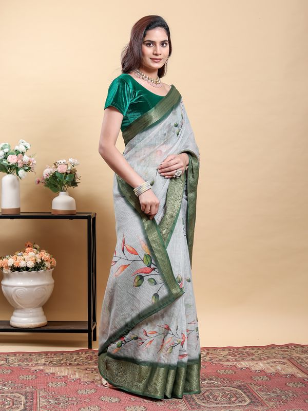 Silver Grey Botanical Linen Cotton Saree with Olive Border