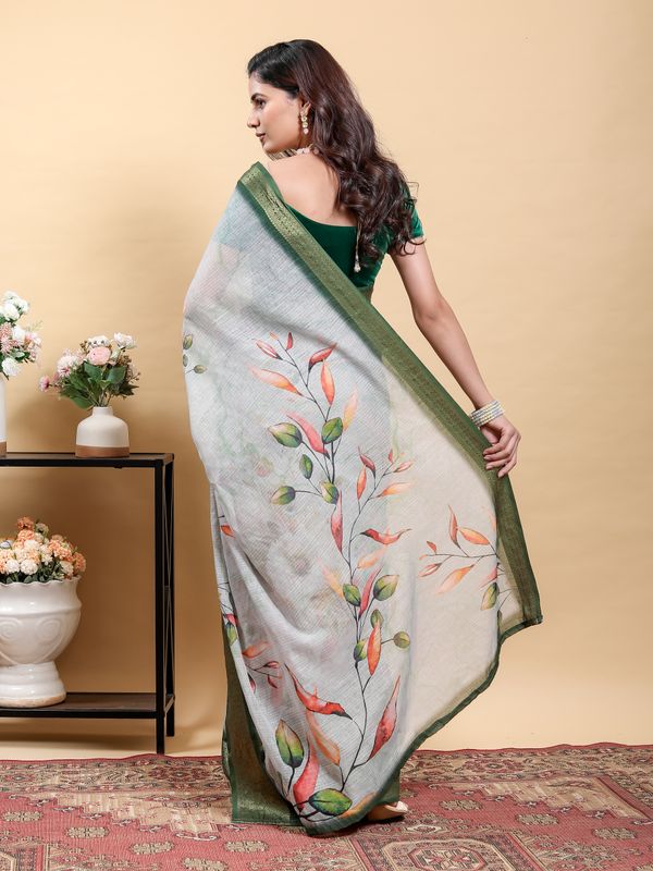 Silver Grey Botanical Linen Cotton Saree with Olive Border