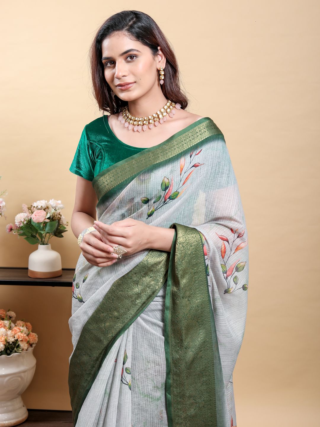 Silver Grey Botanical Linen Cotton Saree with Olive Border