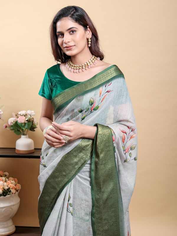Silver Grey Botanical Linen Cotton Saree with Olive Border