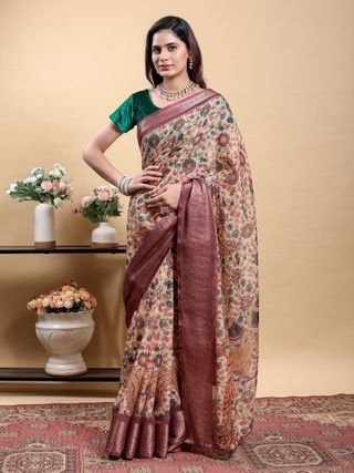 Cream Floral Printed Linen Cotton Saree with Wine Jacquard