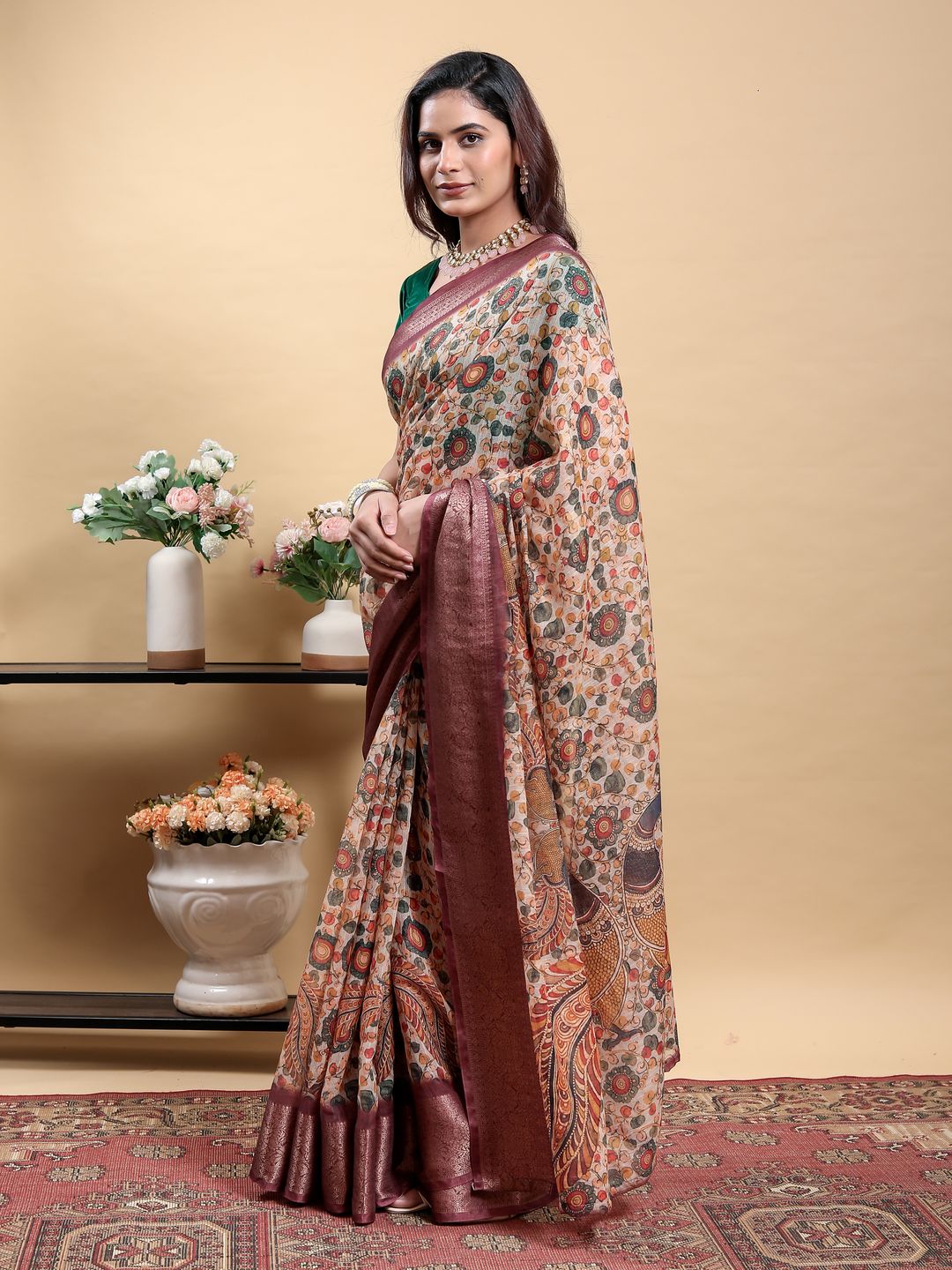 Cream Floral Printed Linen Cotton Saree with Wine Jacquard