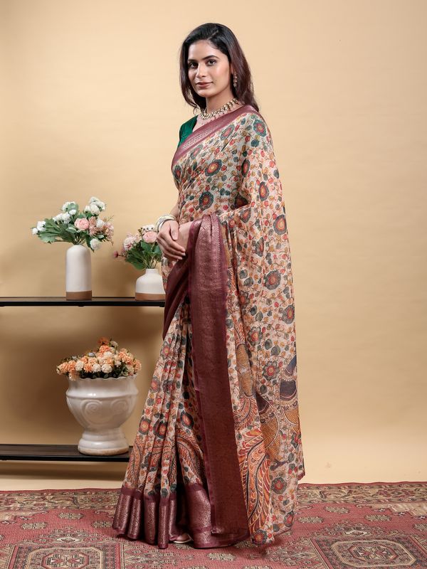 Cream Floral Printed Linen Cotton Saree with Wine Jacquard