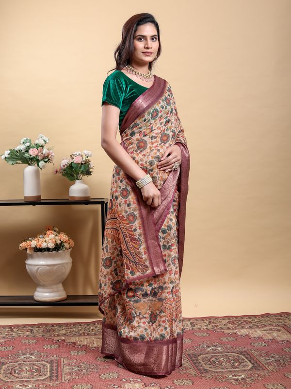Cream Floral Printed Linen Cotton Saree with Wine Jacquard