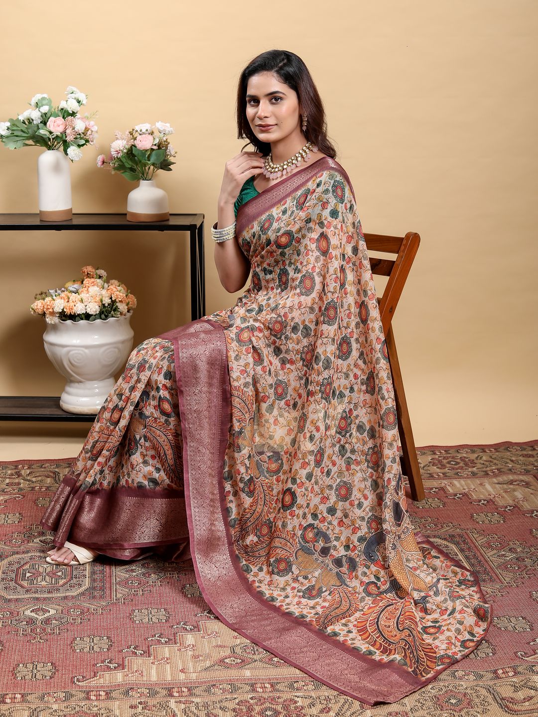 Cream Floral Printed Linen Cotton Saree with Wine Jacquard