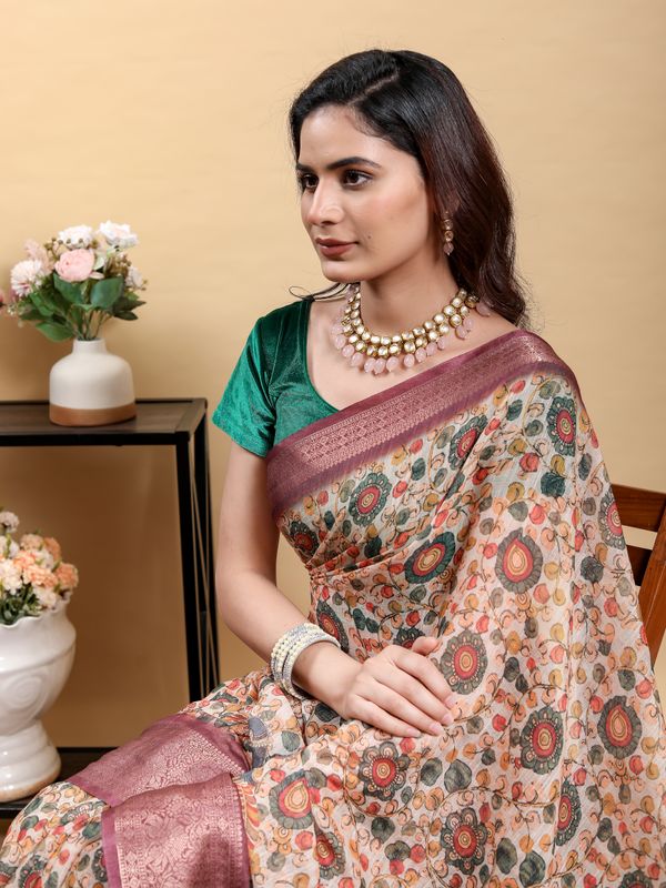 Cream Floral Printed Linen Cotton Saree with Wine Jacquard