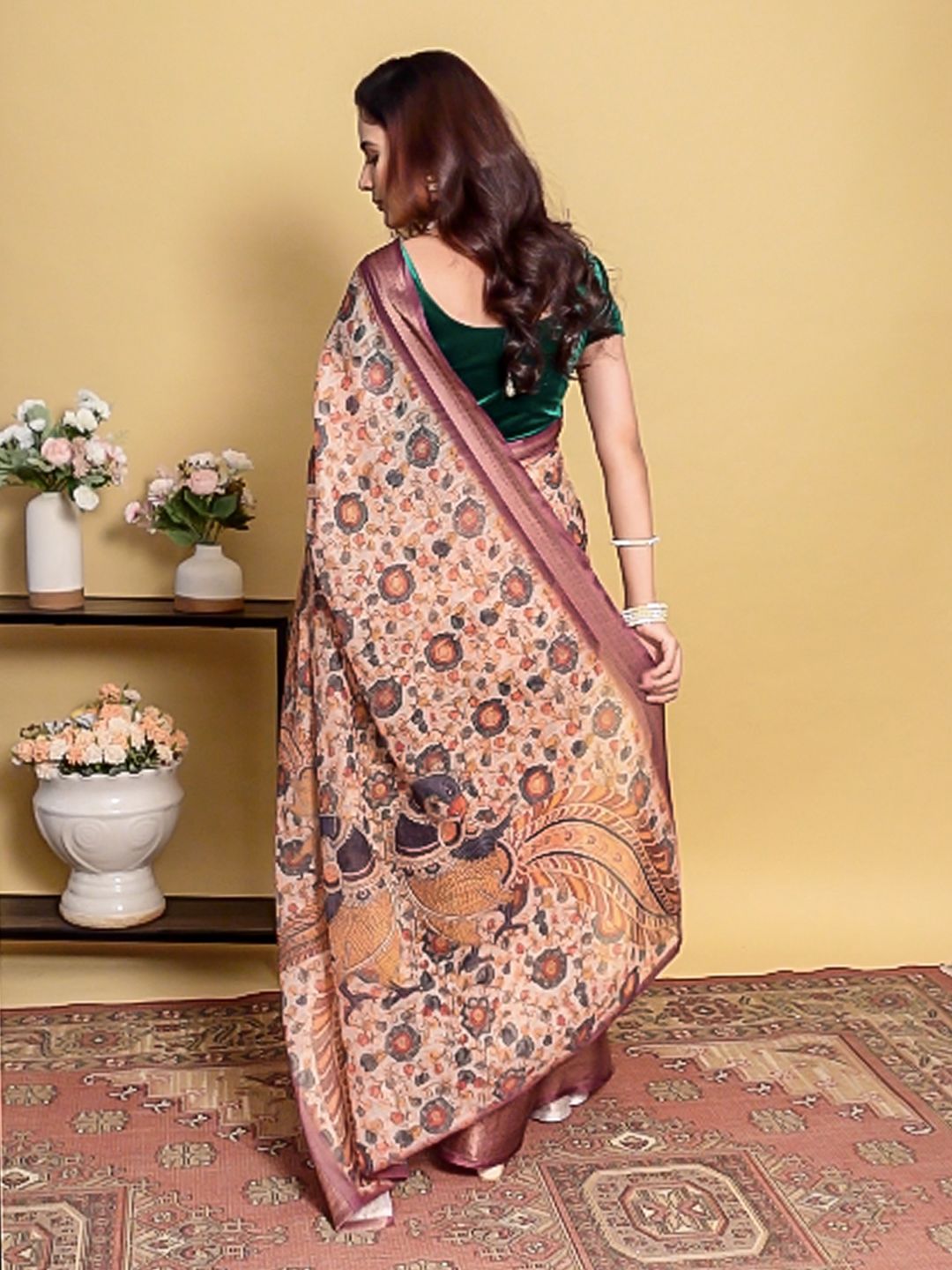 Cream Floral Printed Linen Cotton Saree with Wine Jacquard