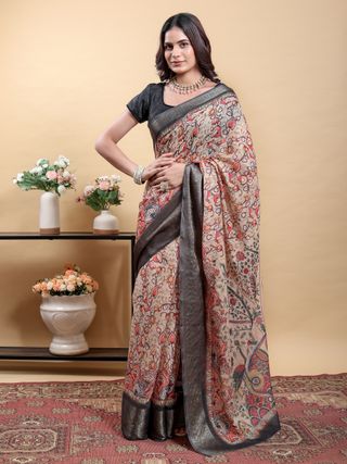Printed Linen Cotton Saree in Beige with Metallic Grey Edge