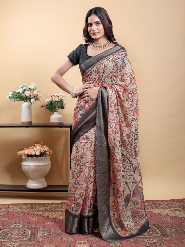 Printed Linen Cotton Saree in Beige with Metallic Grey Edge