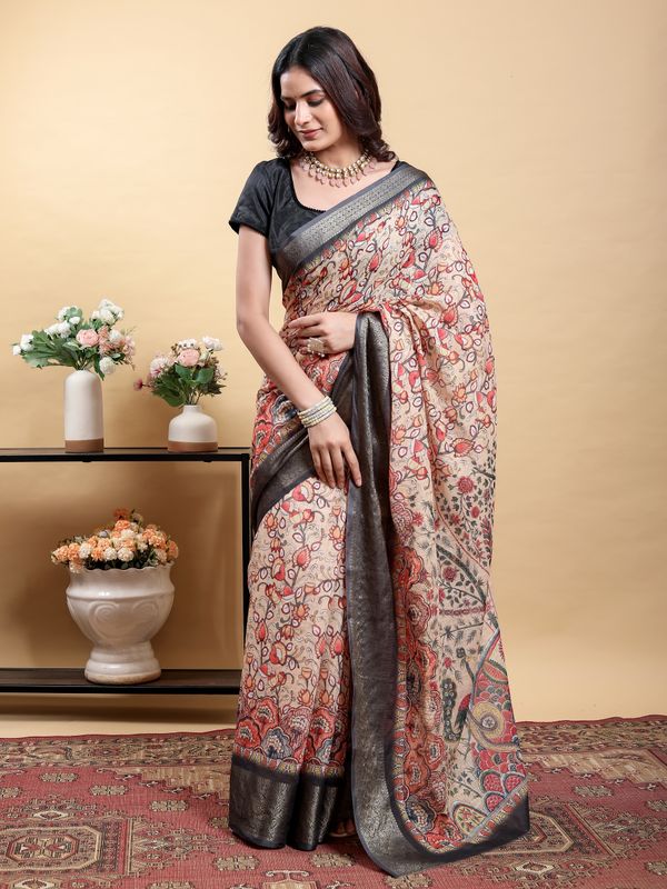 Printed Linen Cotton Saree in Beige with Metallic Grey Edge