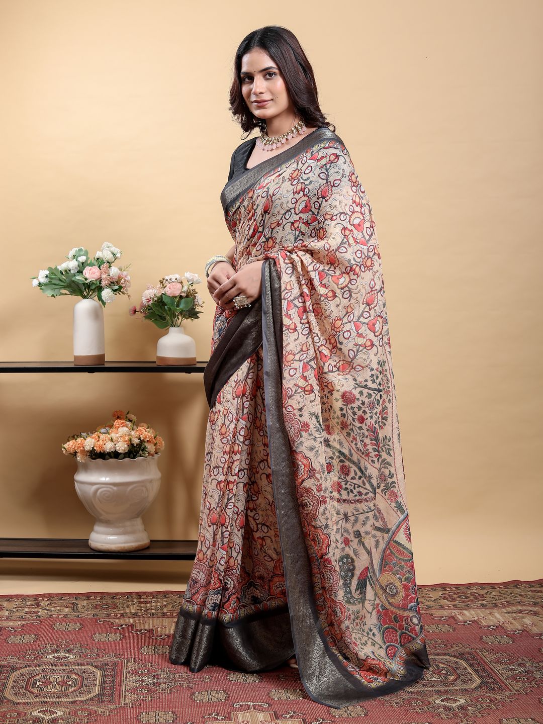 Printed Linen Cotton Saree in Beige with Metallic Grey Edge